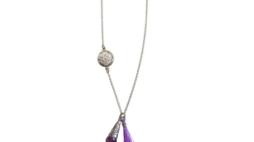 Kette "Blume des Lebens" 1,2cm Silber 925 mit Amethyst-Perle und Lila Tassel 42cm