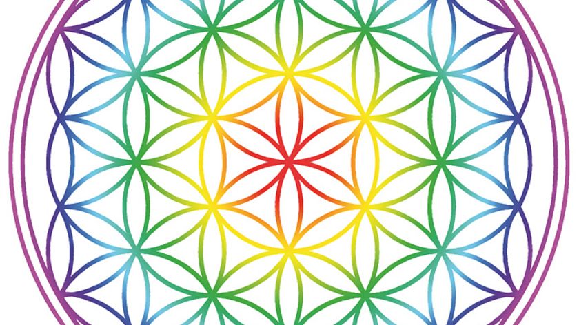 Aufkleber Set 2x4,5cm/1x9cm  "Blume des Lebens" Regenbogen-Chakra transparent