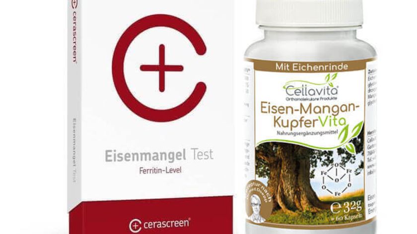 Eisenmangel Test (Ferritin-Level) Set plus 60 Kapseln Eisen-Mangan-Kupfer - schnell und bequem zu Ha