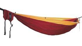 Camper Double Hammock  Bordeaux  red with yellow gold fringe tree huggers included